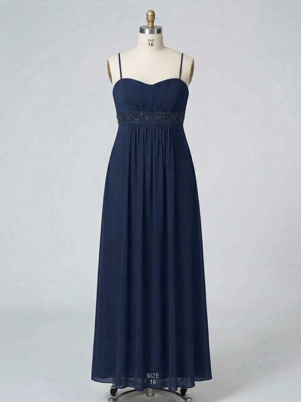 David's Bridal Navy Spaghetti-Strap Maxi with Beaded Waist
